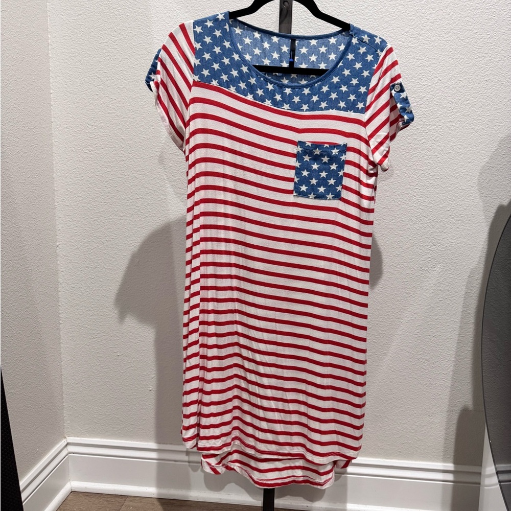 Boutique - Stars & Stripes Pocket Tee Dress - Red, White & Blue